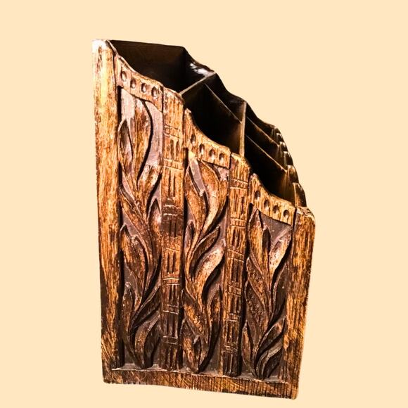 Vintage Lerner 3-Tier Desk Organizer • Faux Wood Floral Mail Sorter - Picture 3 of 6